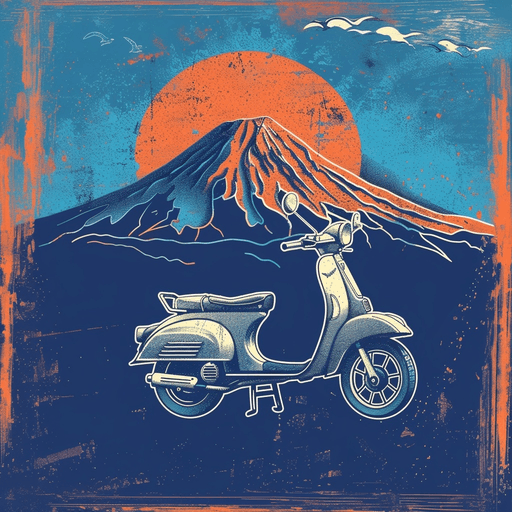 MotoMoto brand artwork — scooter under an orange sun