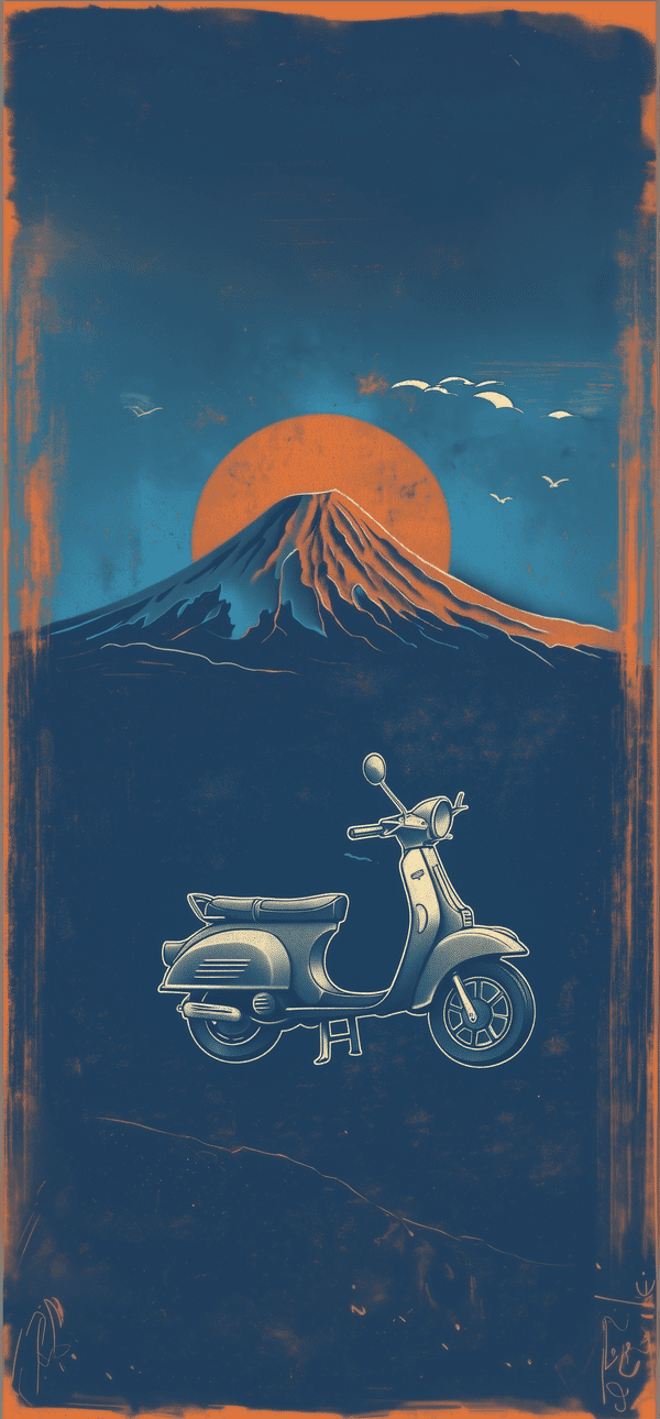 MotoMoto — a classic scooter under an orange sun rising behind the volcano